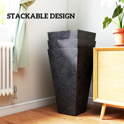 28" Tall Planters, Set of 3 Plastic Flower Pots with Marble Finish and Drainage Holes, Stackable Taper Planters