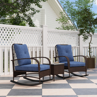 3 Piece Wicker Patio Furniture Set, Outdoor PE Rattan Rocking Chairs with Coffee Table, Cushions for Porch