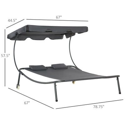 Patio Double Chaise Lounge Chair, Outdoor Wheeled Hammock Daybed with Adjustable Canopy and Pillow for Sun Room, Garden, or Poolside, Grey