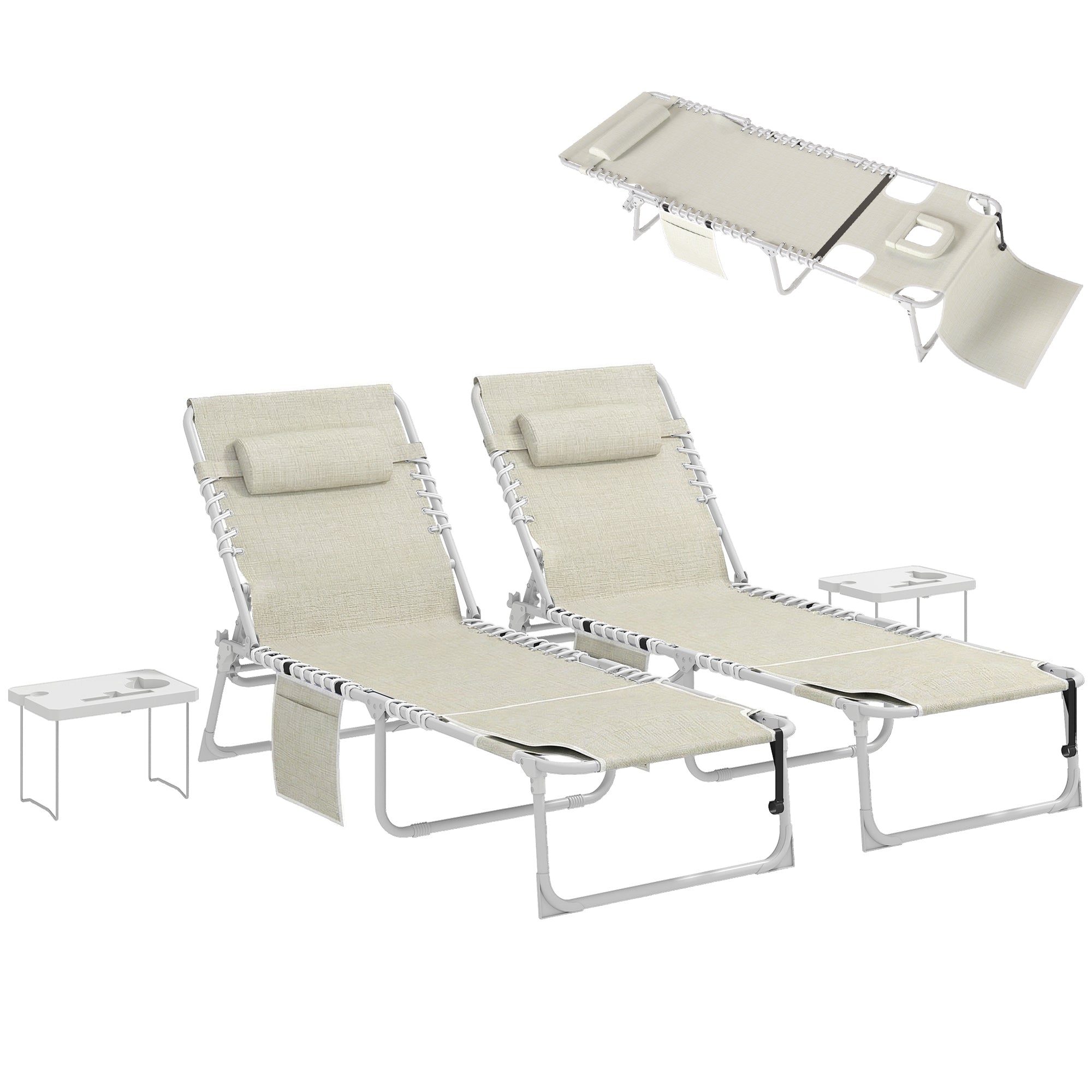Tanning Chair Set of 2 with Face Hole and Side Table, 5-Position Folding Outdoor Chaise Lounge Chair