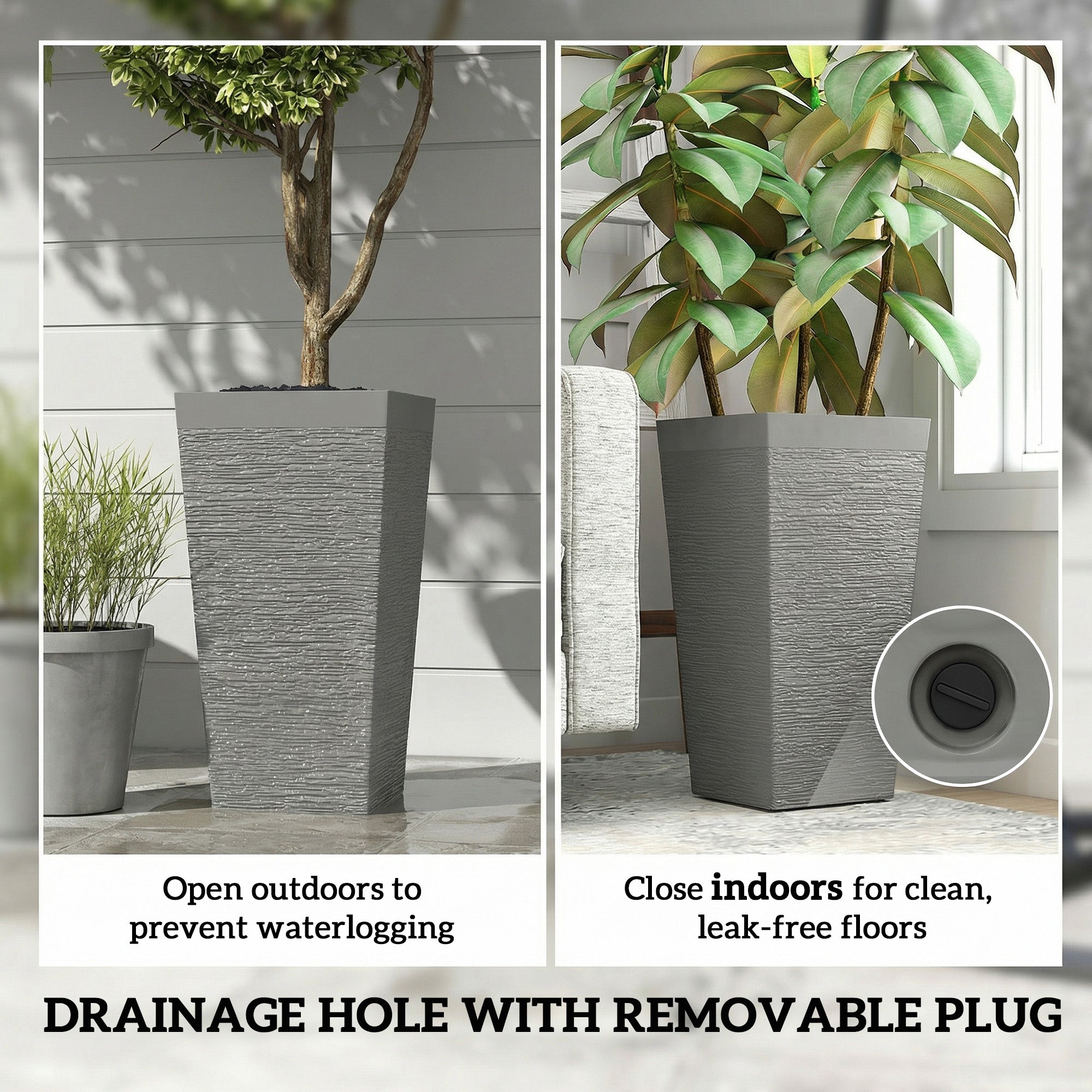 22.8 Inch Set of 3 Outdoor Planters with Stone Finish and Wheels, Stackable Tapered Planters with Drainage Hole
