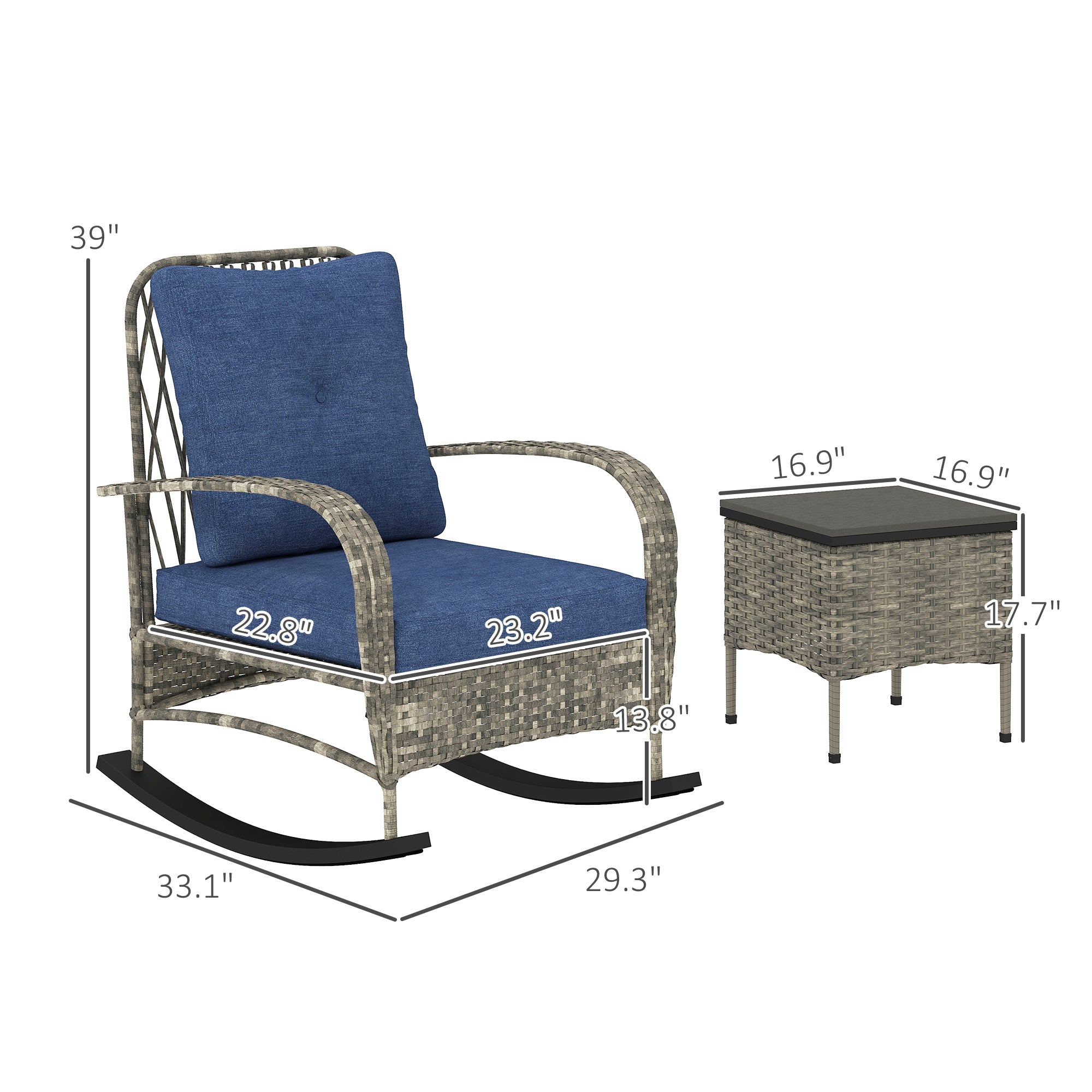 3 Piece Wicker Patio Furniture Set, Outdoor PE Rattan Rocking Chairs with Coffee Table, Cushions for Porch