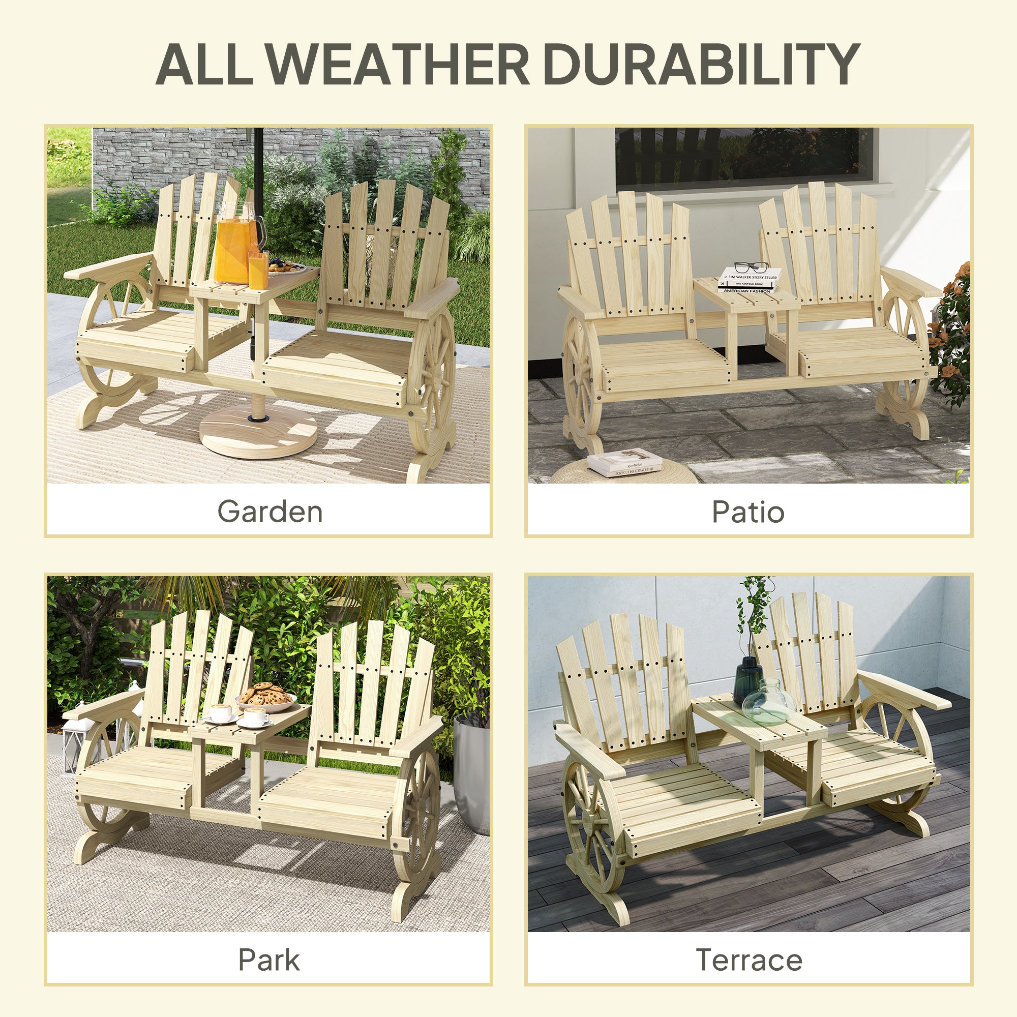 2-Seat Wooden Garden Bench with Table, Umbrella Hole, High Backrest, Armrests for Backyard, Patio, Garden, Natural Wood