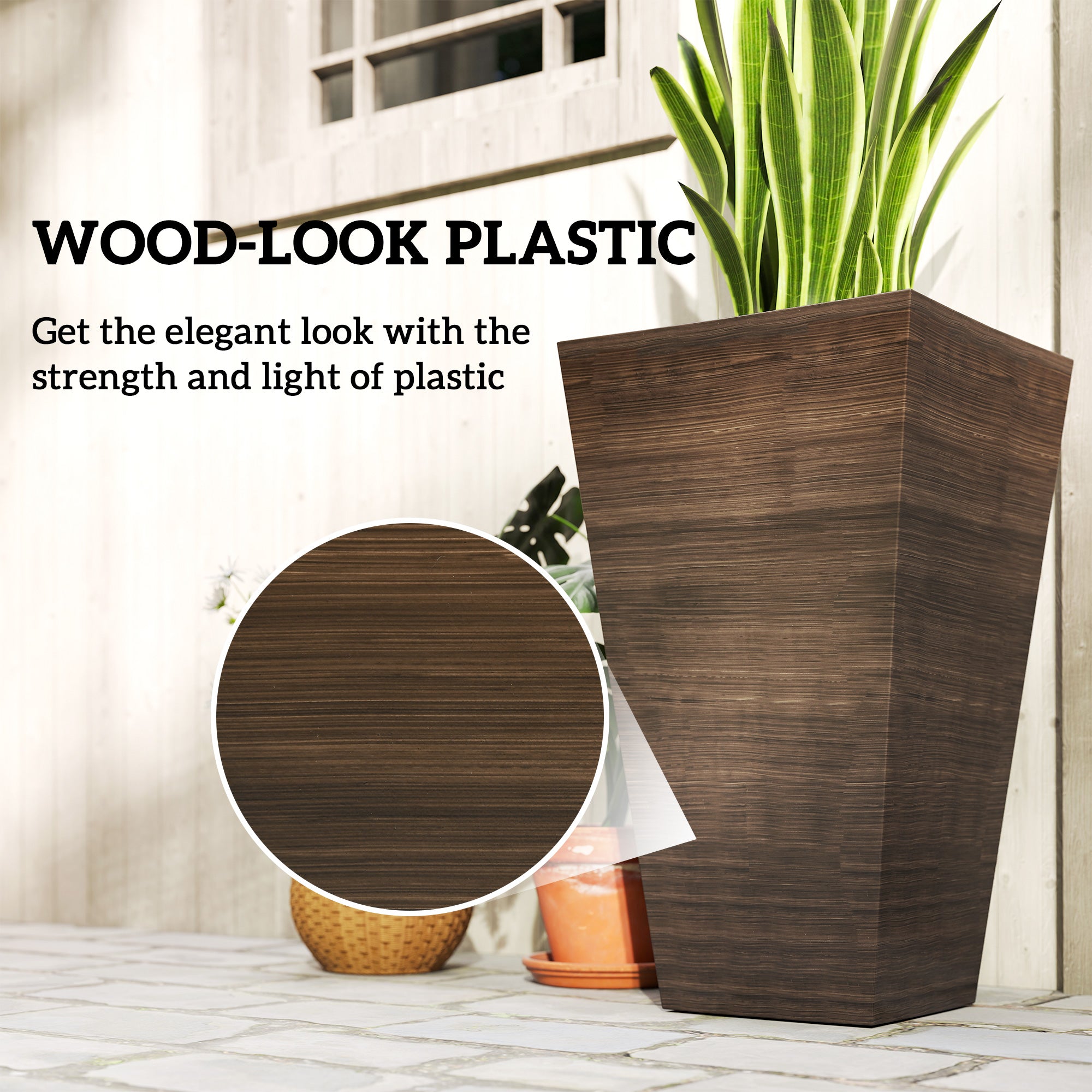 Set of 3 Tall Planters, 28" Outdoor Planter w/ Drainage Holes, Faux Wood Plastic Flower Pots, Brown