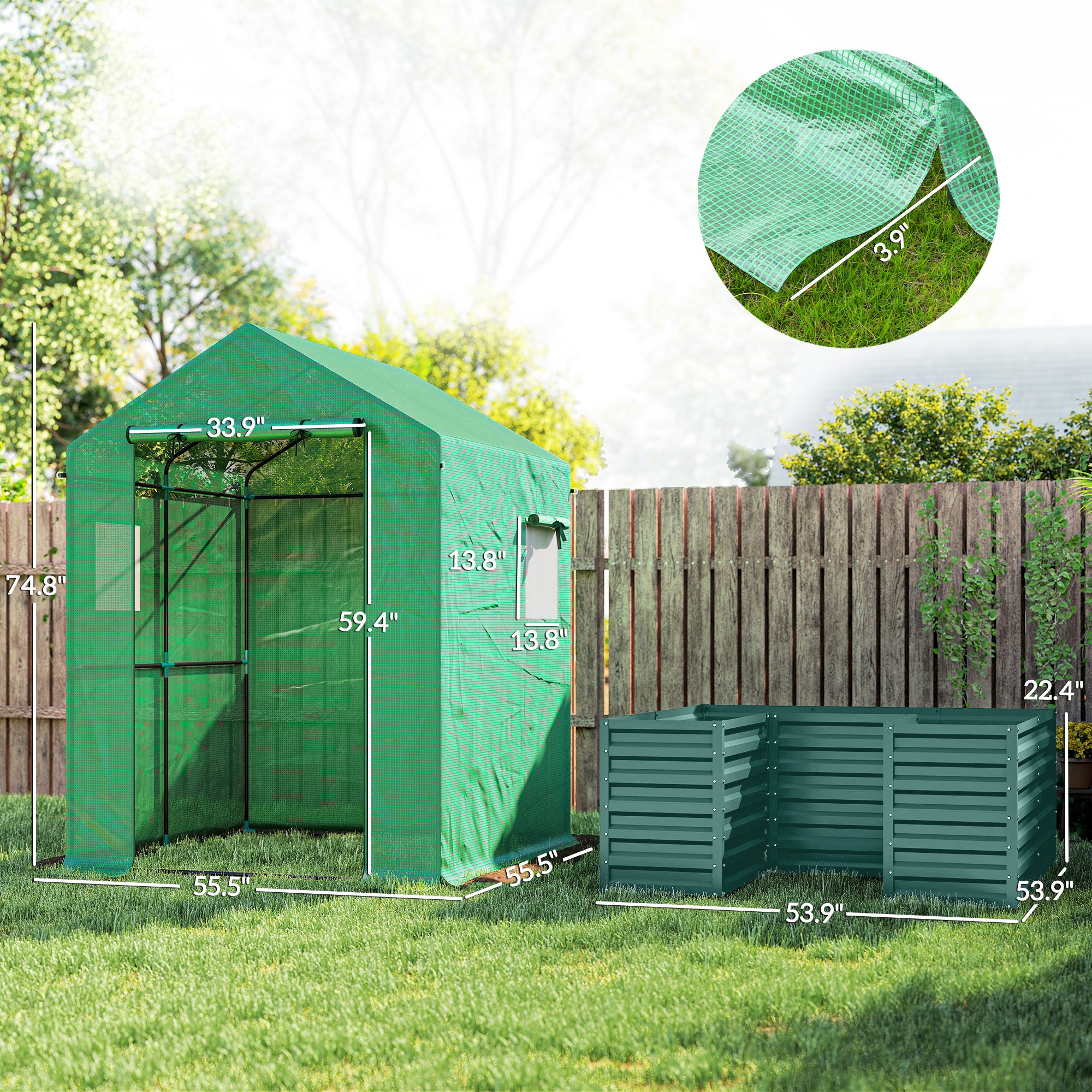 Greenhouse with Raised Garden Bed, Galvanized Steel Outdoor Greenhouse with Roll Up Door, 56" x 56" x 75"
