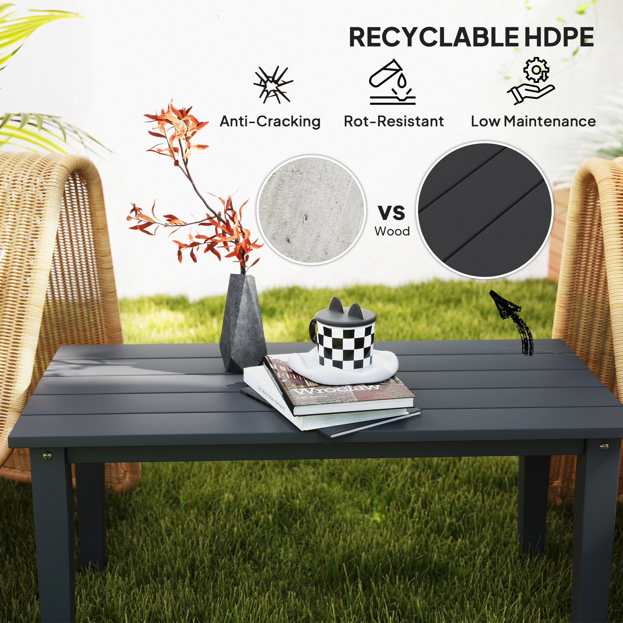 Rectangle Outdoor Coffee Table, HDPE All-Weather Outdoor Patio Table with Slatted Tabletop for Yard, Balcony