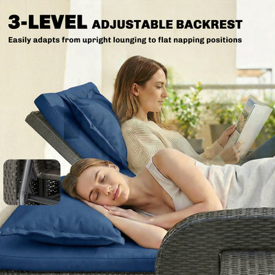 Patio Rattan Daybed, Wicker Outdoor Daybed with Storage Ottoman, Loveseat w/ Adjustable Backrest