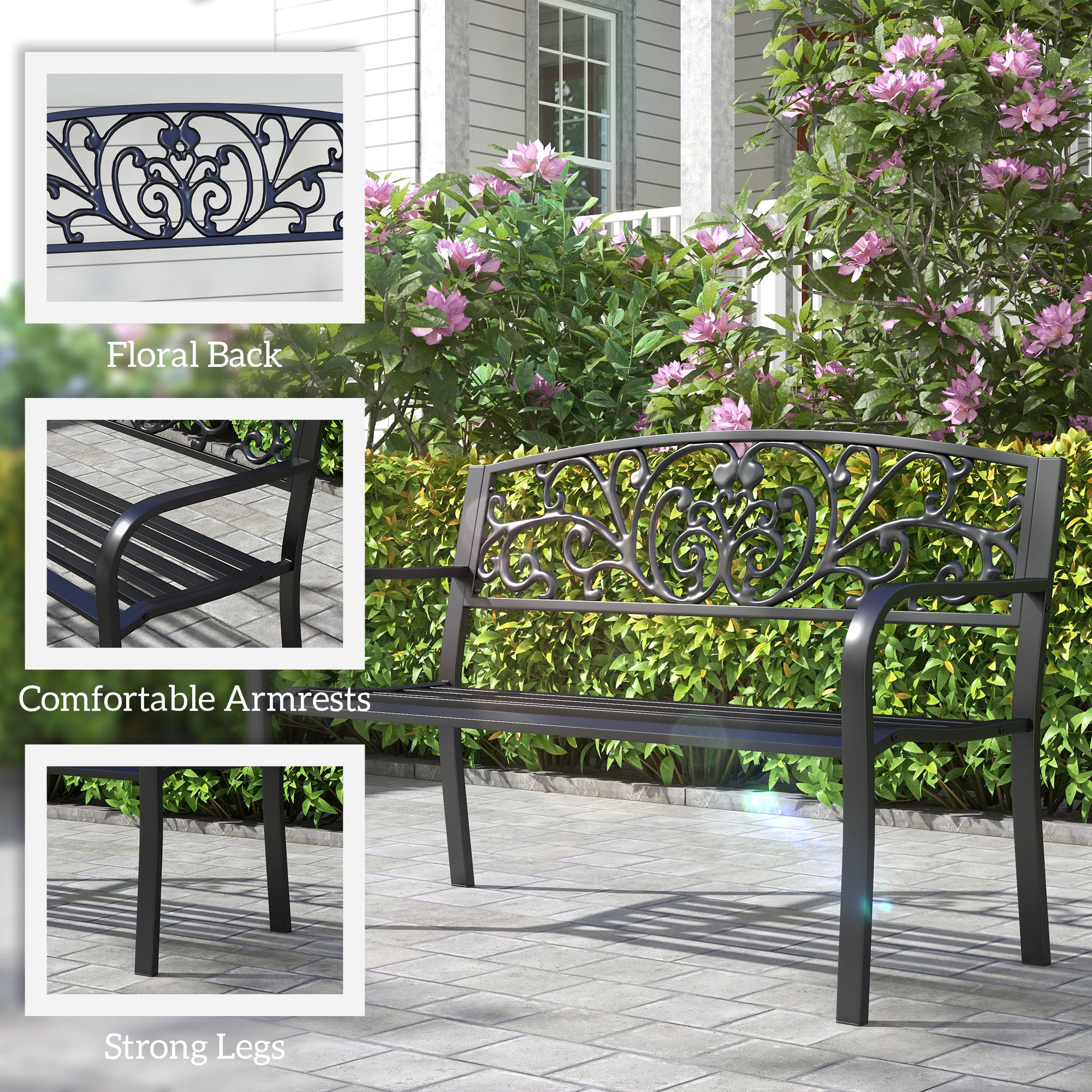 50" Outdoor Bench, Metal Garden Bench with Floral Pattern Backrest, Porch Bench with Slatted Seat for Park, Yard, Lawn, Black