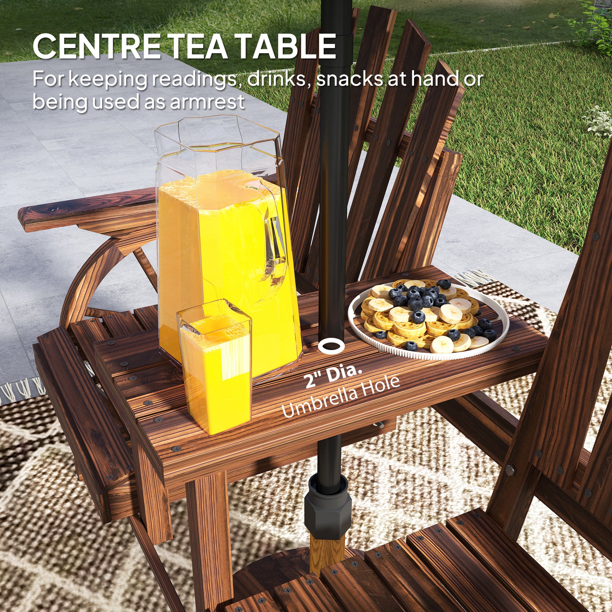 2-Seat Wooden Garden Bench with Table, Umbrella Hole, High Backrest, Armrests for Backyard, Patio, Garden, Carbonized