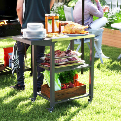 Three-Shelf Outdoor Grill Cart Table with Foldable Side Table, Stainless Steel Top Pizza Oven Stand with Hooks, Silver