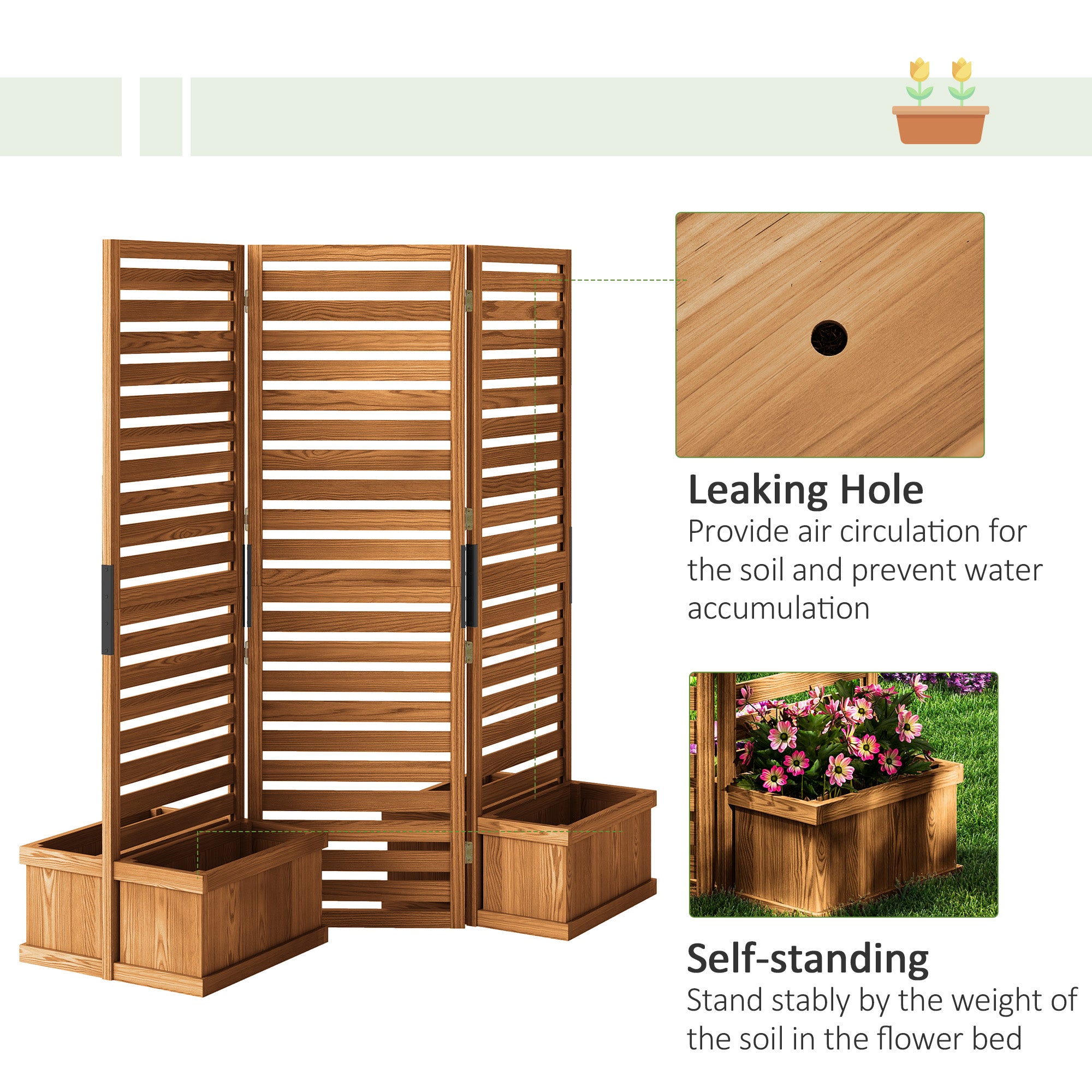 62.5" x 19" x 66" Wood Panel Trellis w/ 4 Planter Box Raised Bed for Garden Natural Wood