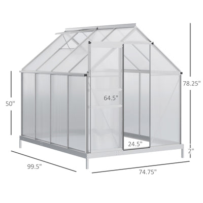 6' x 6' x 6.5' Polycarbonate Greenhouse with Aluminum Frame, Walk-in Heavy Duty Green House with Adjustable Roof Vent, Rain Gutter and Sliding Door for Winter, Silver