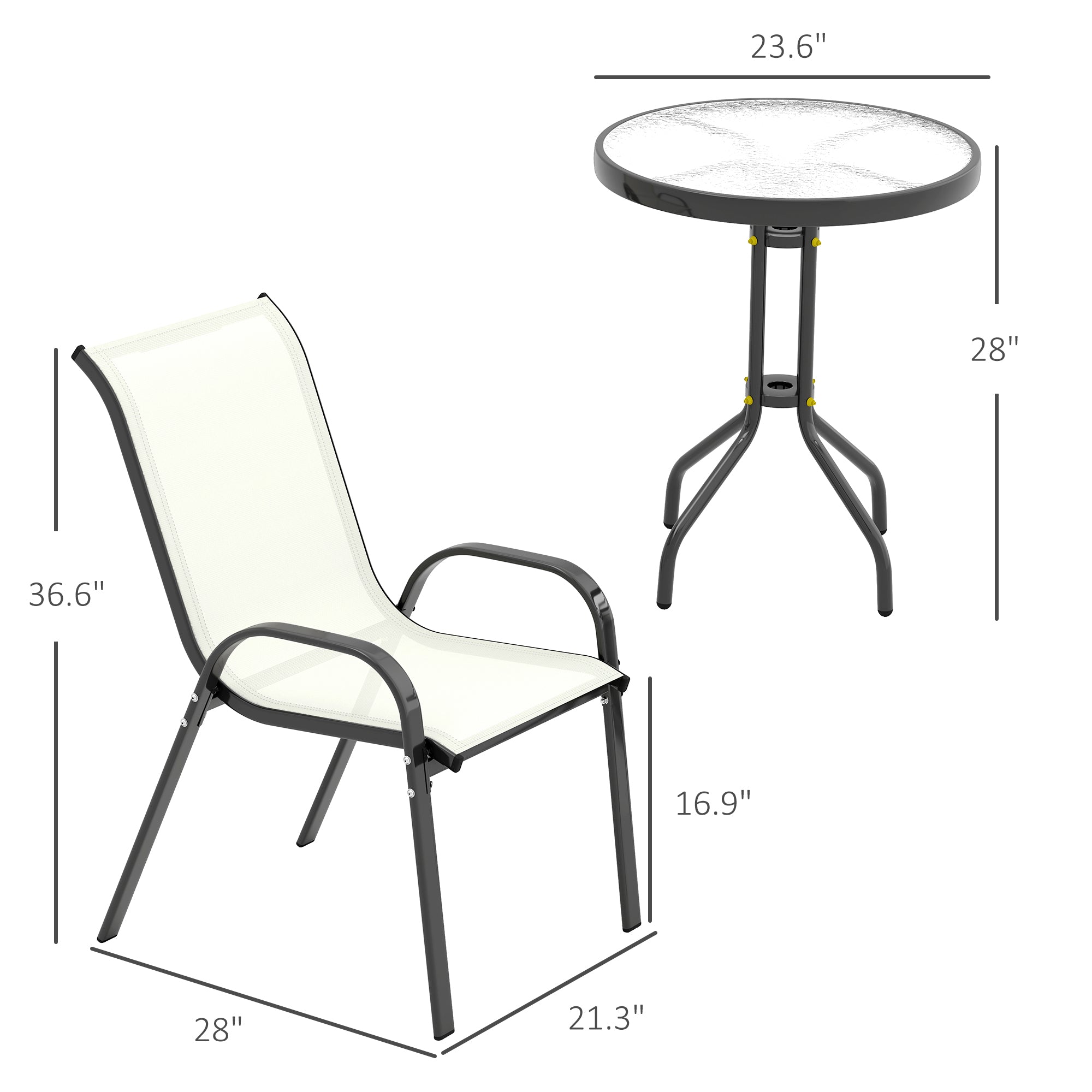3 Pieces Bistro Set, Small Patio Furniture Set with Stackable Chairs and Glass Table for Backyard, Balcony