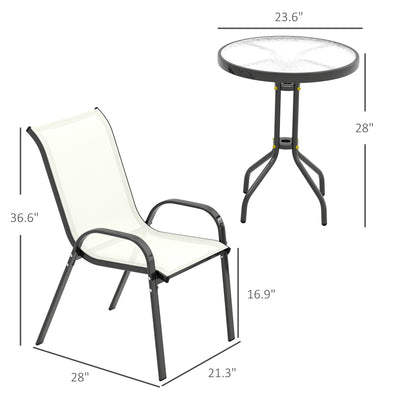 3 Pieces Bistro Set, Small Patio Furniture Set with Stackable Chairs and Glass Table for Backyard, Balcony
