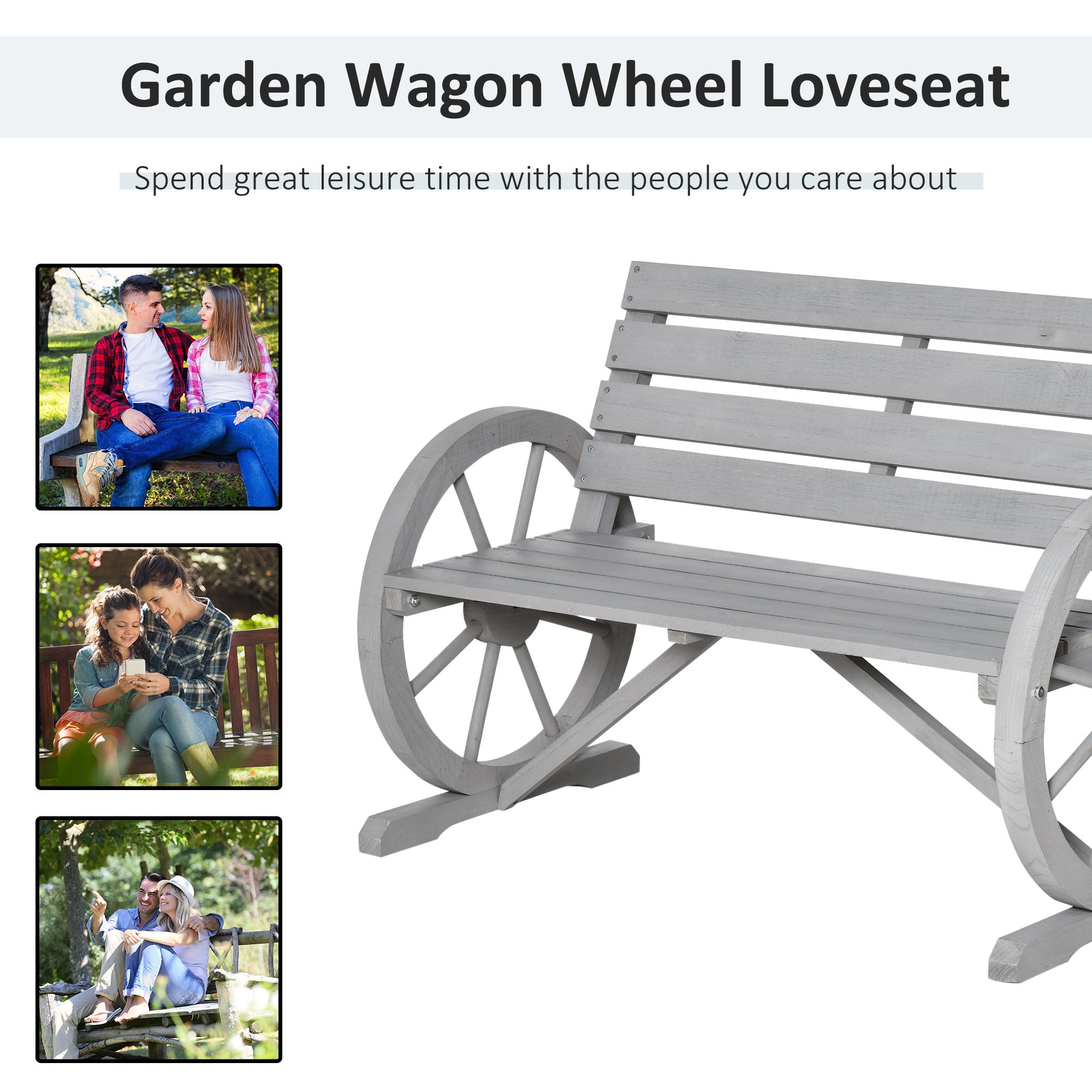 41" Wooden Wagon Wheel Bench, Rustic Outdoor Patio Weather Resistance Furniture, 2-Person Slatted Seat Bench with Backrest, Light Gray