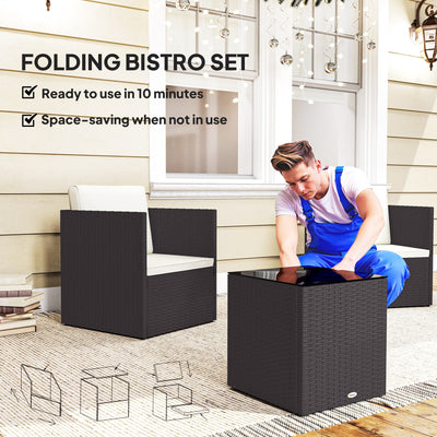 Folding Wicker Bistro Set, 3 Piece Patio Furniture Set with Cushions and Glass Coffee Table for Porch, Balcony