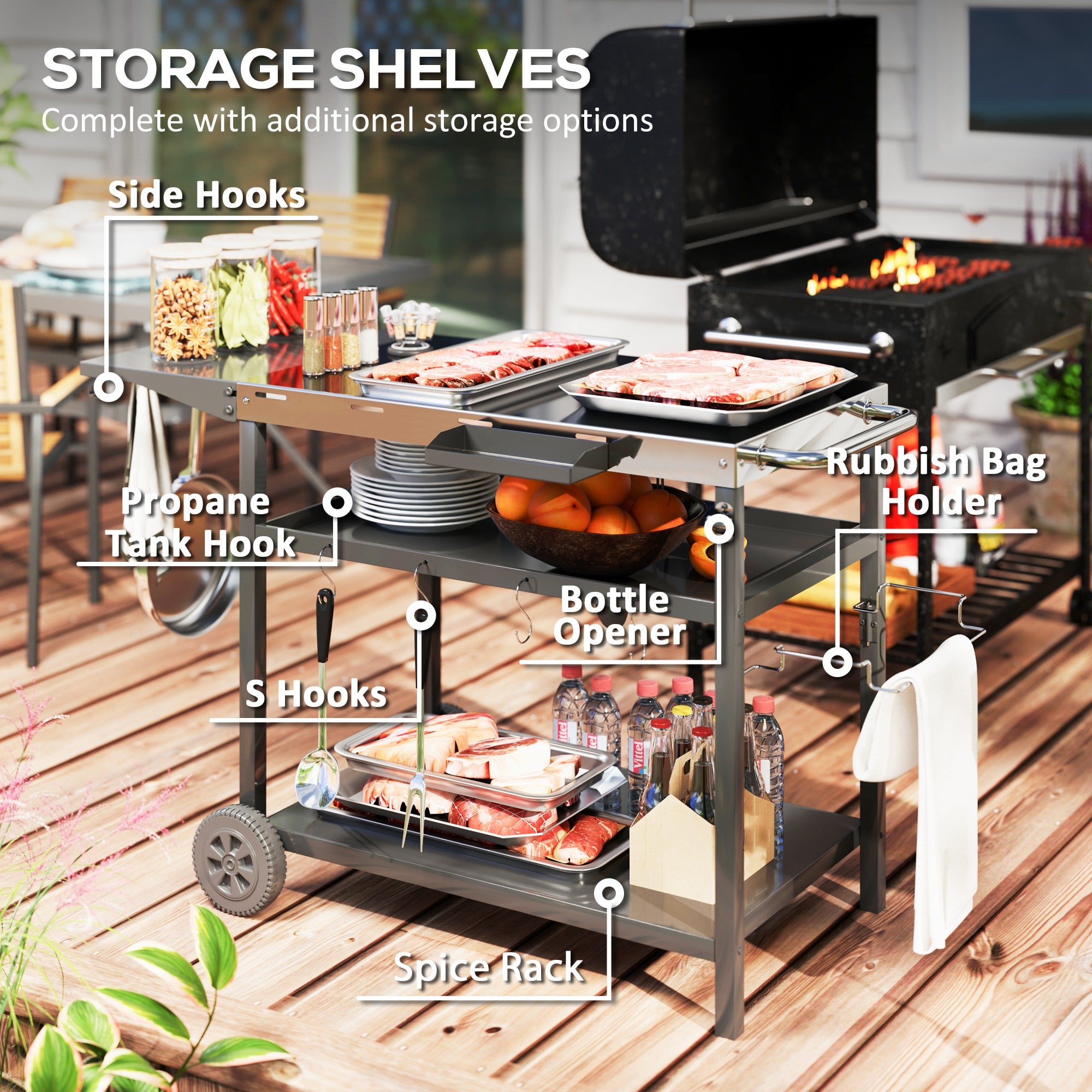 Outdoor Bar Cart Grill Table with Stainless Steel Tabletop, Wheeled Outdoor Serving Cart Prep Table with Storage, Hooks