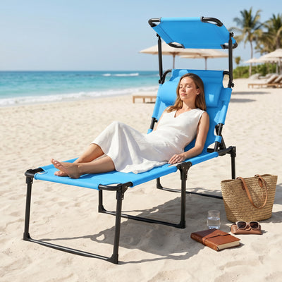 Outdoor Lounge Chair, 4 Position Adjustable Backrest, Folding, Cushioned w/ Sun Shade Roof & Pillow