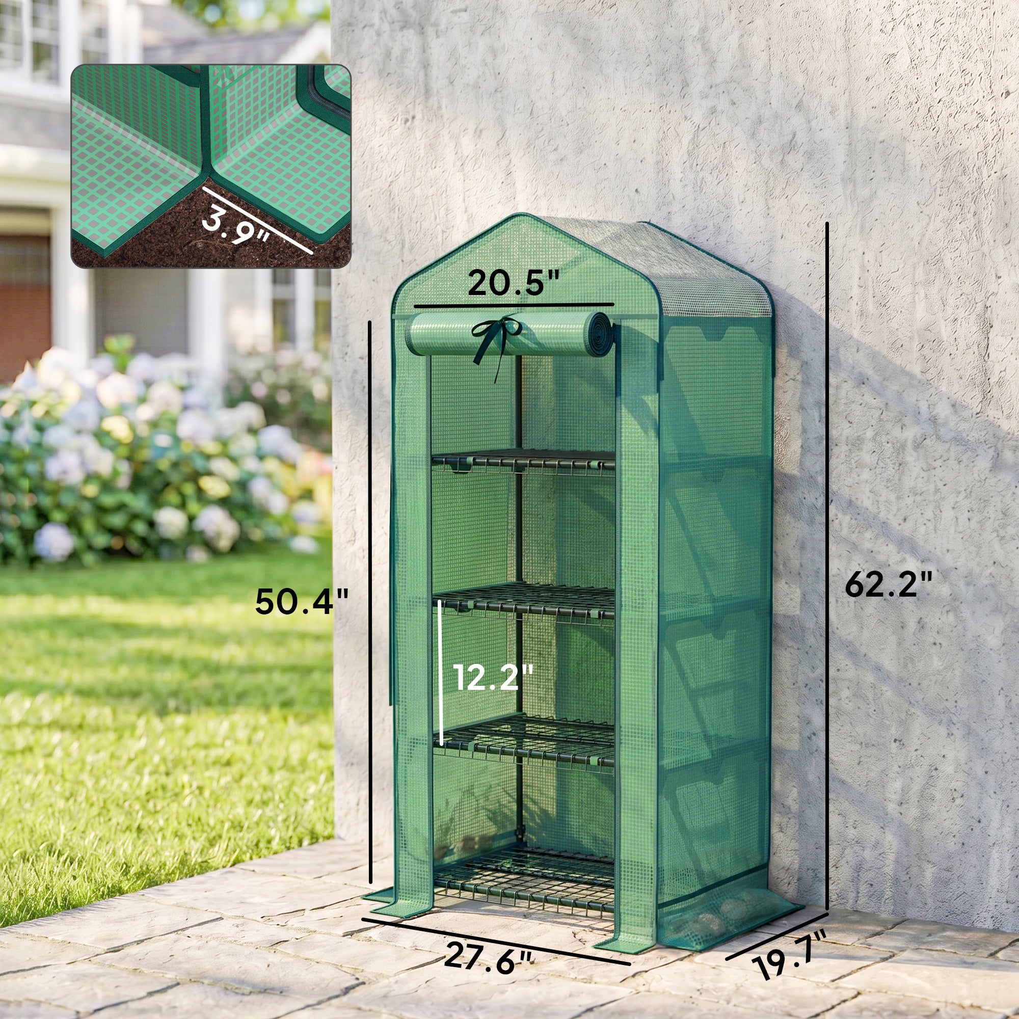 Mini Greenhouse with Screen Roof, 4 Tier Portable Small Greenhouse with High Strength PE Cover