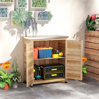 Wooden Storage Cabinet, Outdoor Prep Table with Metal Tabletop, Shelves and Double Doors for Patio, Garden