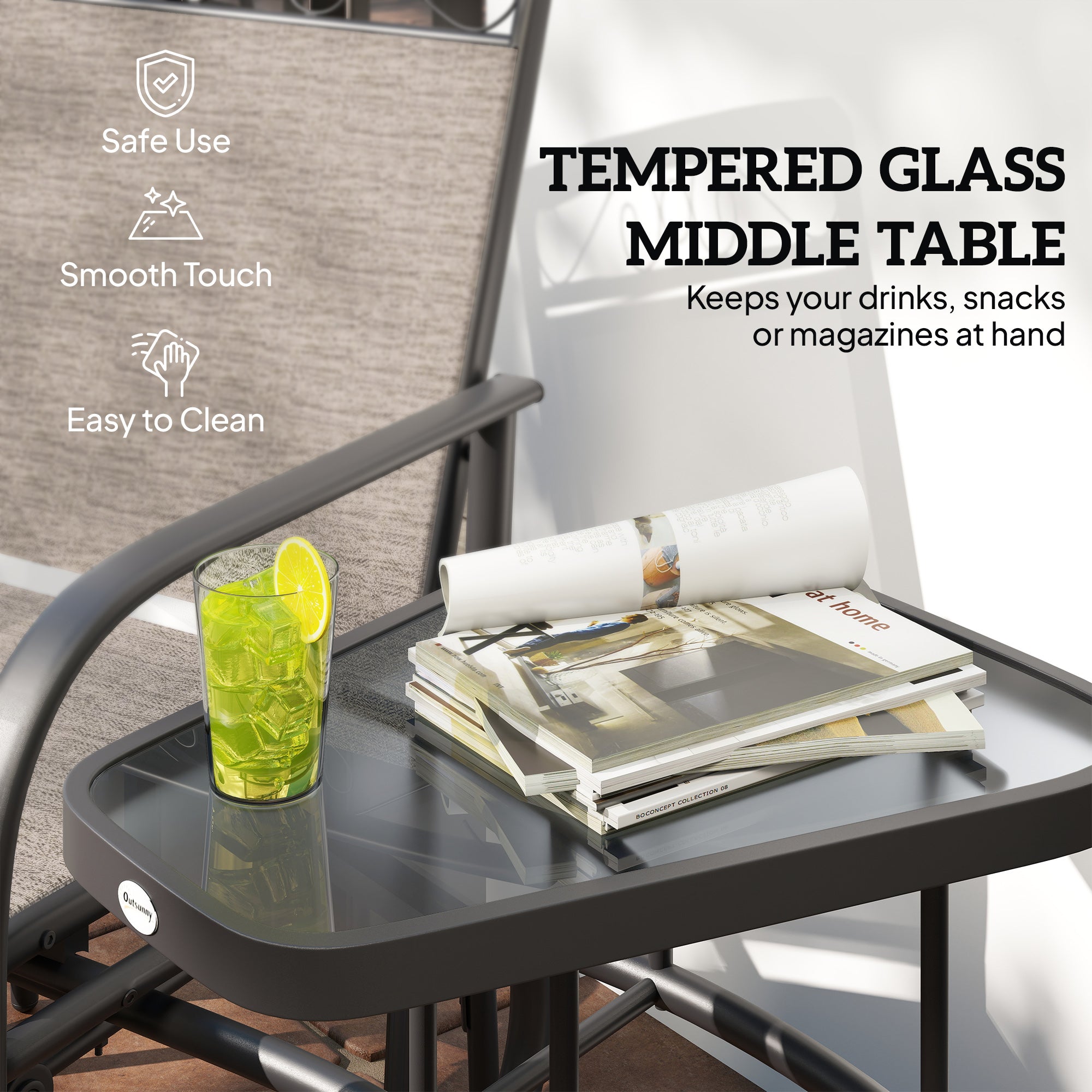 Outdoor Glider Chairs with Coffee Table, Patio 2-Seat Rocking Chair Swing with Breathable Sling for Backyard, Garden and Porch