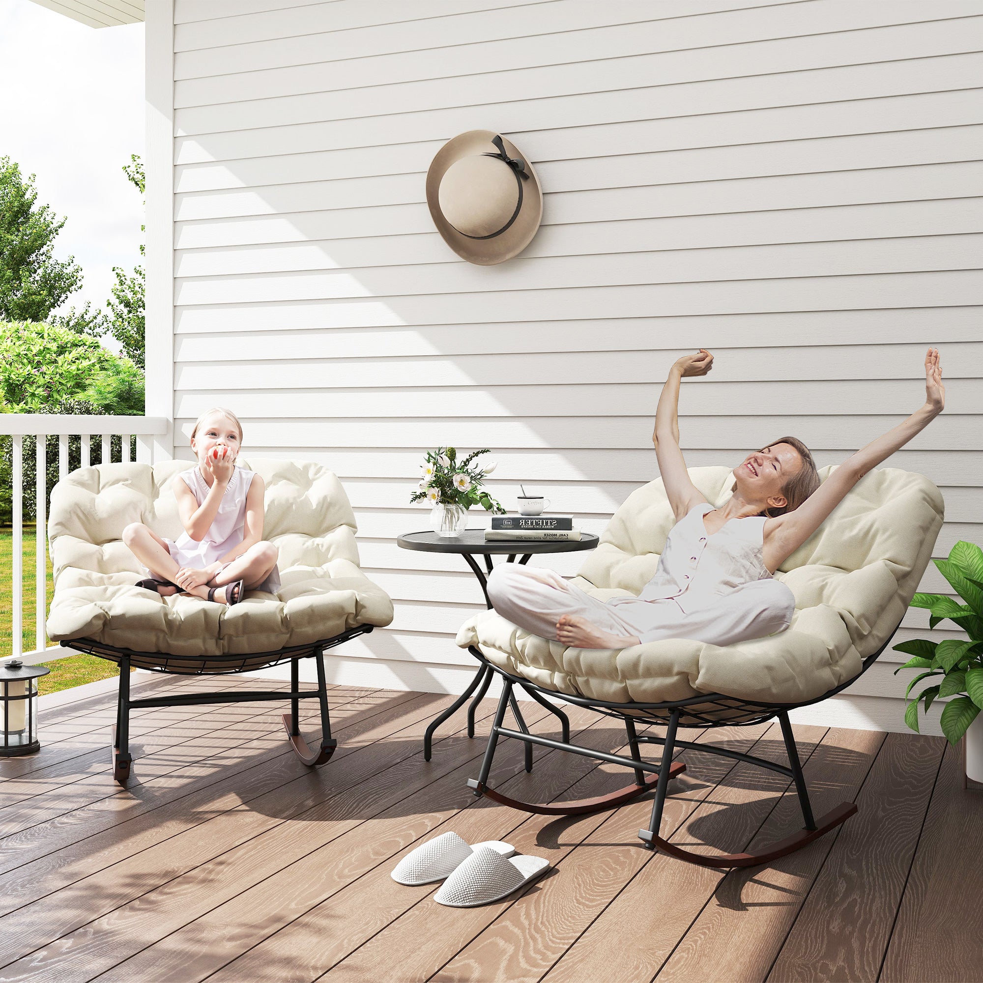 Outdoor Rocking Chair Patio Set of 2, Oversized Rocking Papasan Chairs with Cushions for Garden Porch, 265 lbs.