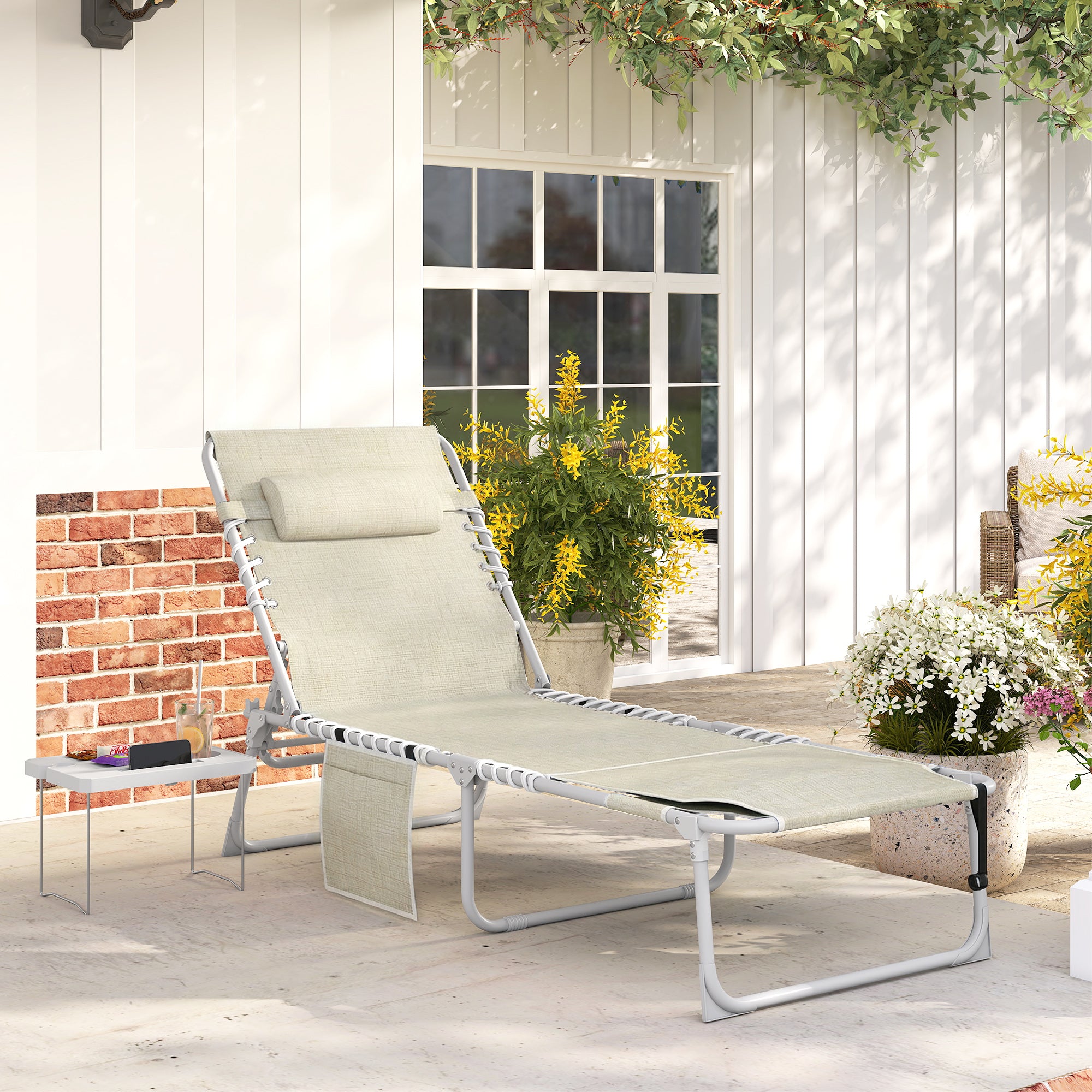 Tanning Chair with Face Hole and Side Table, 5-Position Folding Outdoor Chaise Lounge Chair