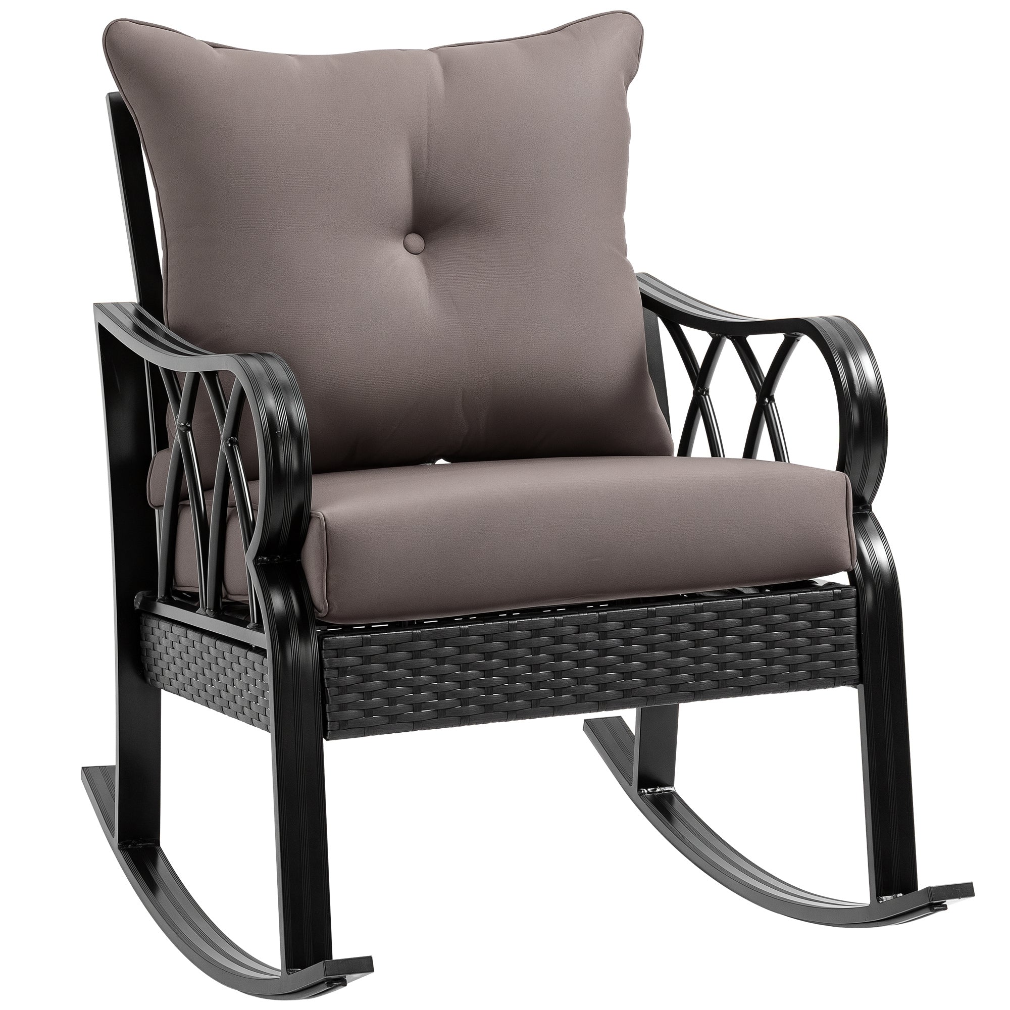 Outdoor Wicker Rocking Chair with Padded Cushions, Aluminum Furniture Rattan Porch Rocker Chair w/ Armrest for Garden, Patio, and Backyard