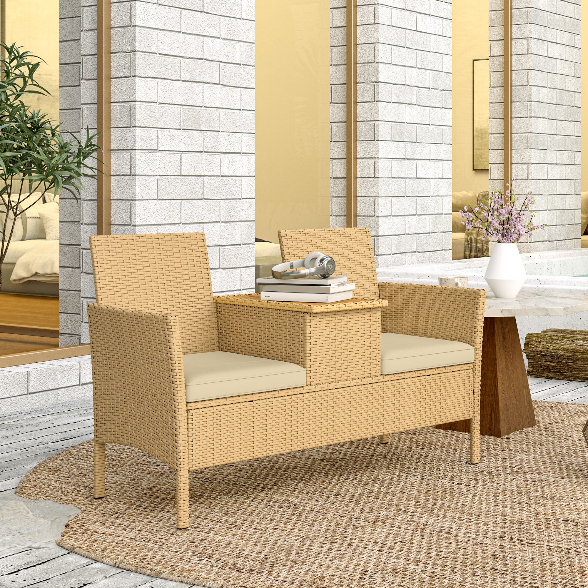 Patio Sofa Wicker Loveseat with Built-in Flip-Top Coffee Table and Cushions for Balcony, Garden, Lawn, Backyard, Khaki