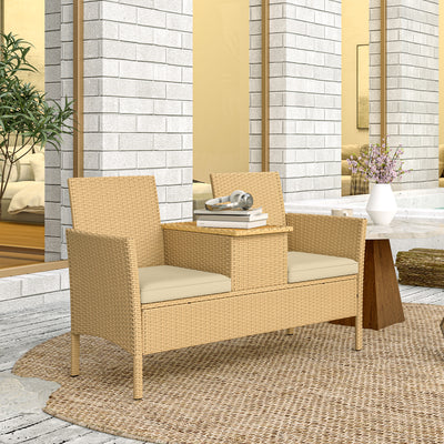 Patio Sofa Wicker Loveseat with Built-in Flip-Top Coffee Table and Cushions for Balcony, Garden, Lawn, Backyard, Khaki