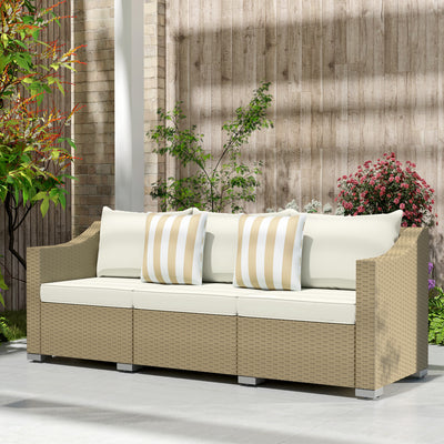 Rattan Wicker 3 Seater Patio Couch with Cushions, 2 Throw Pillows, Outdoor Furniture Rattan Sofa