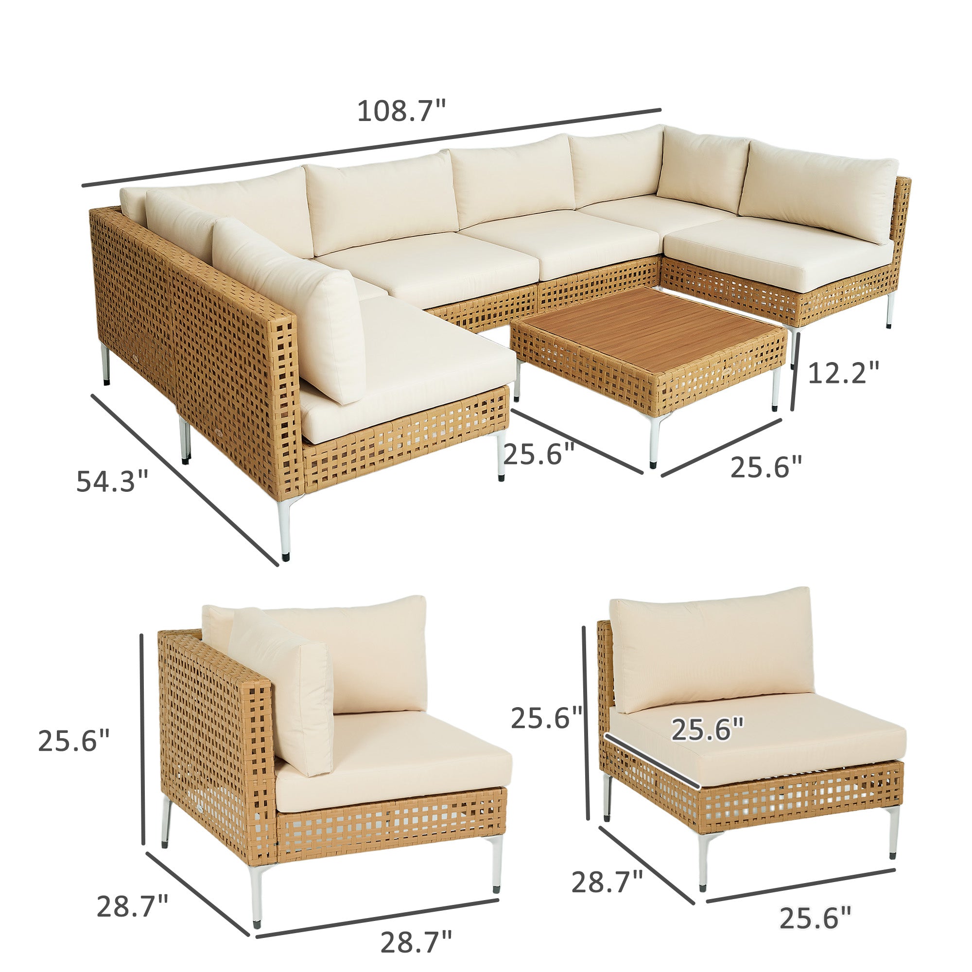 7 Piece Wicker Patio Furniture Set, Modular Outdoor Sectional with Thickened Cushions, Acacia Wood Table