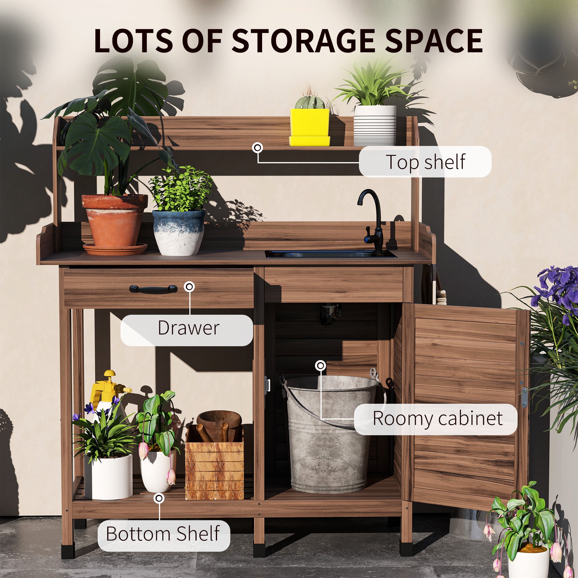 Potting Bench Table with Removable Sink, Outdoor Work Bench Table with Storage Cabinet, Hooks, Faucet and Drawer for Greenhouse, Garden, Patio