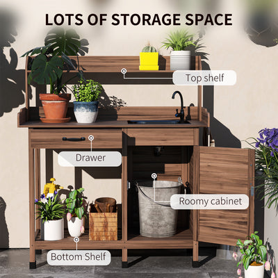 Potting Bench Table with Removable Sink, Outdoor Work Bench Table with Storage Cabinet, Hooks, Faucet and Drawer for Greenhouse, Garden, Patio