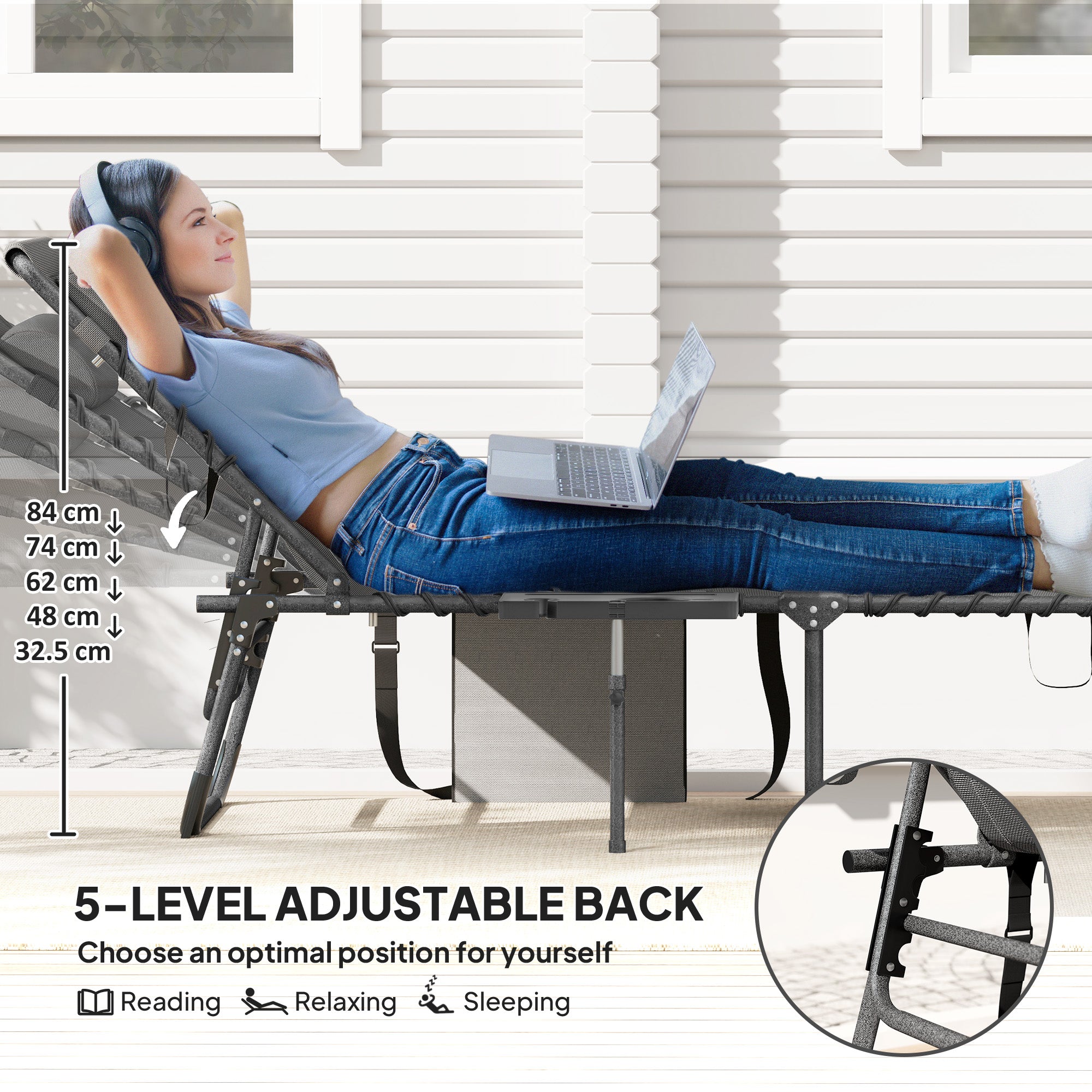 Folding Outdoor Chaise Lounge Chair Tanning Chair with 5-Level Adjustable Back, Side Table, Pillow, Pocket