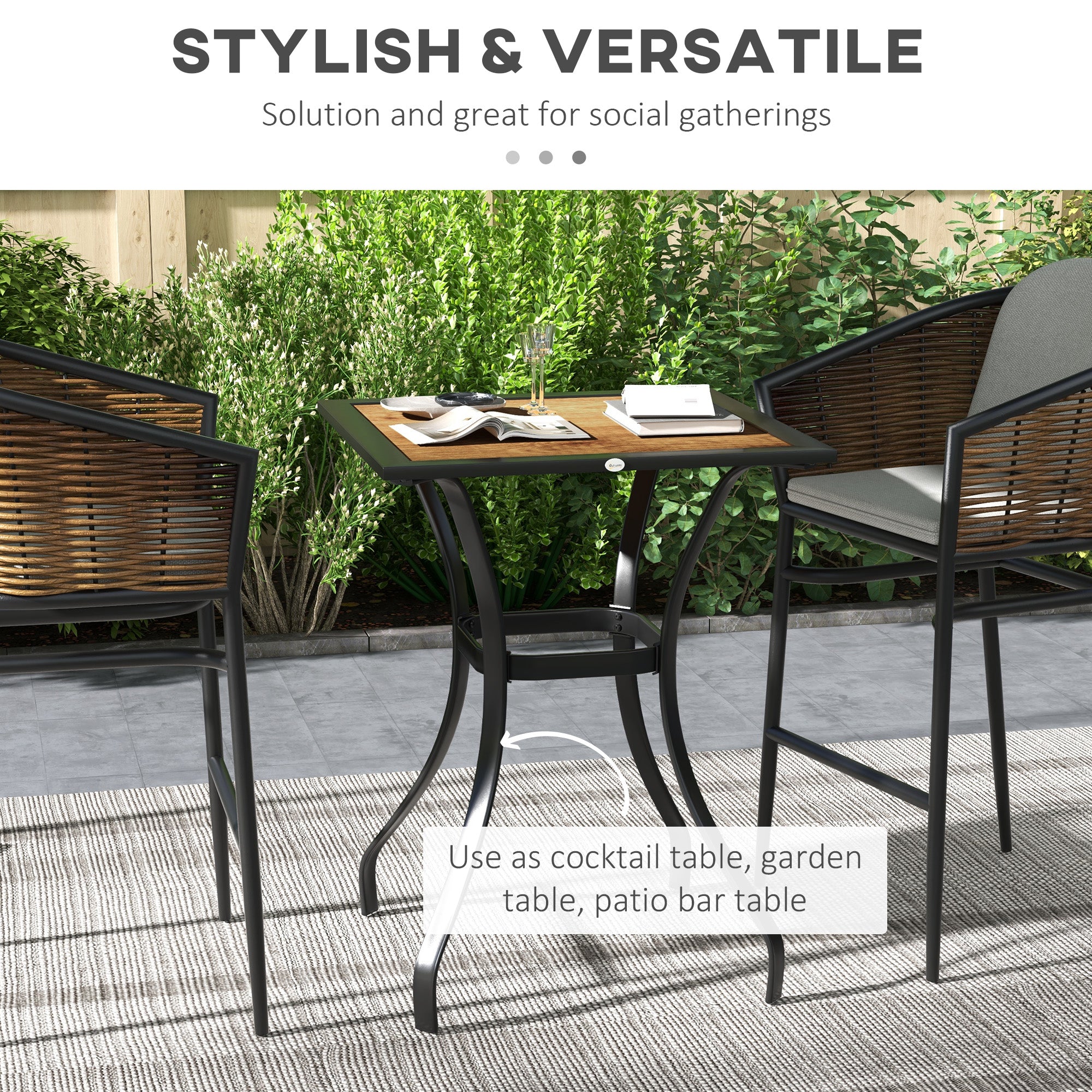 28" Outdoor Dining Table, Faux Wood Patio Furniture, Square Wood-Like Garden Table with Water Safe Design, Brown