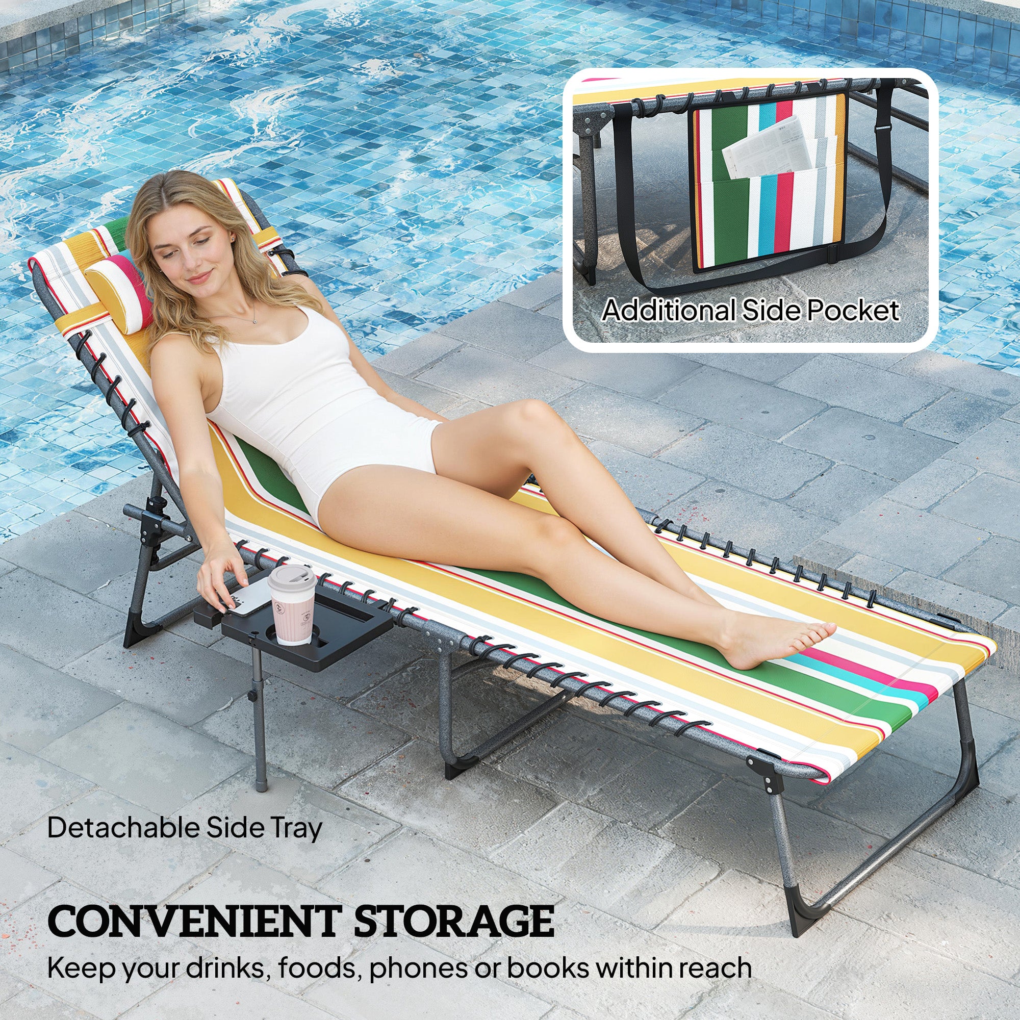Folding Outdoor Chaise Lounge Chair Tanning Chair with 5-Level Adjustable Back, Side Table, Pillow, Pocket, Mixed Color