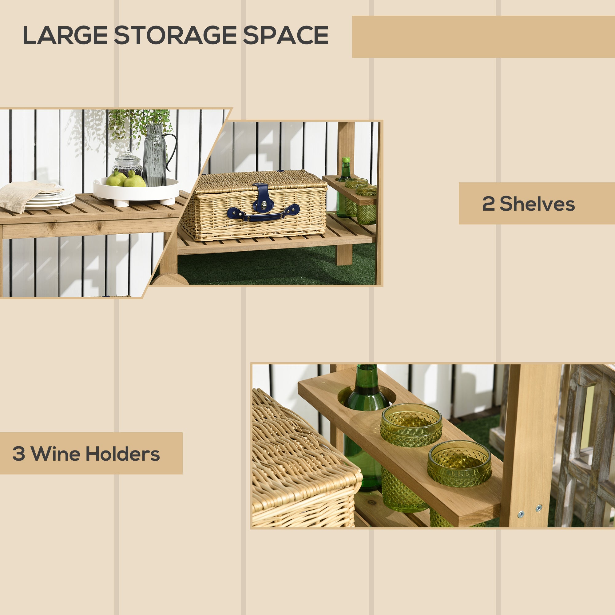 Outdoor Bar Cart, Wood Rolling Home Bar & Serving Cart ，2 Shelves, Wine Bottle Holders for Garden, Dining Room, Natural
