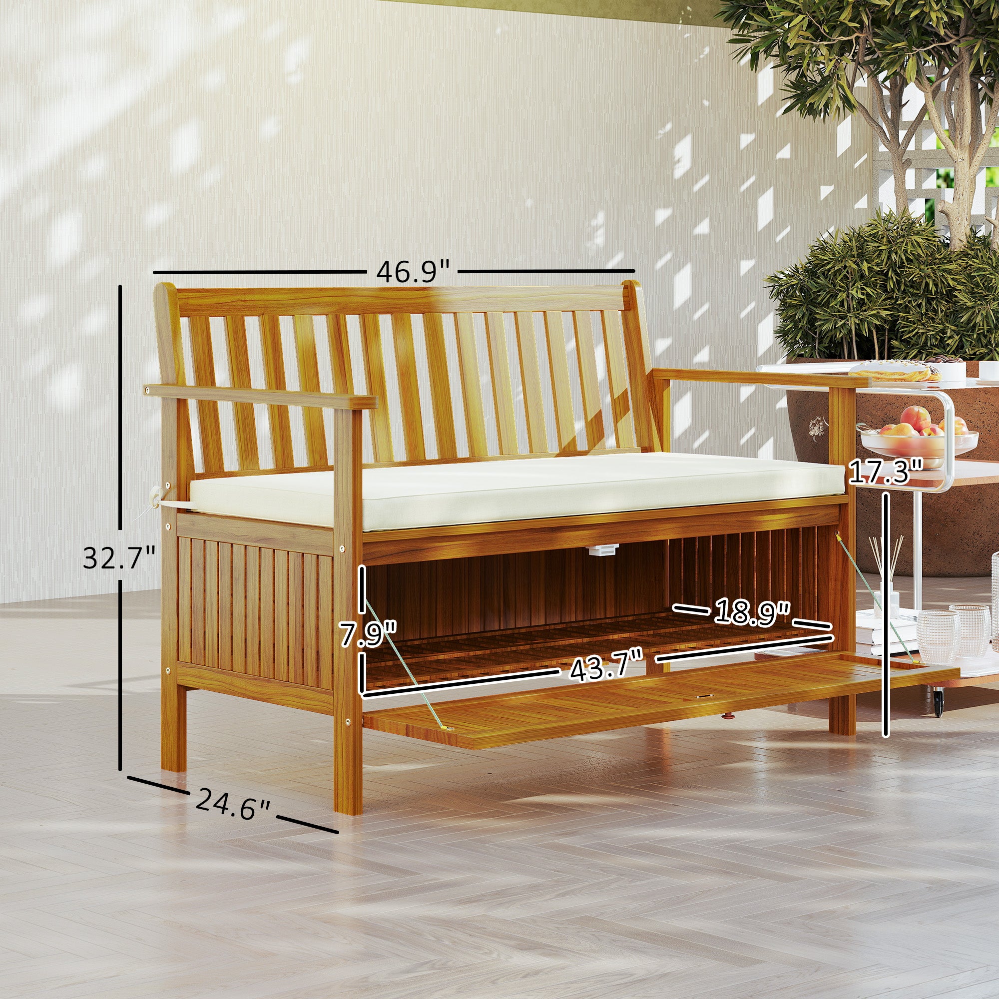 Outdoor Bench with Storage Compartment, Acacia Wood Patio Bench with Cushion, 2 Seater Garden Bench, Teak