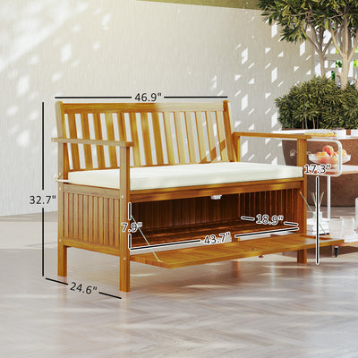 Outdoor Bench with Storage Compartment, Acacia Wood Patio Bench with Cushion, 2 Seater Garden Bench, Teak