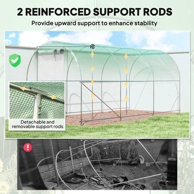 Hoop House Greenhouse, Walk-in Tunnel Greenhouse with 2 Support Rods, Zippered Roll-up Mesh Door, 14.6'x6.5'x6.6'