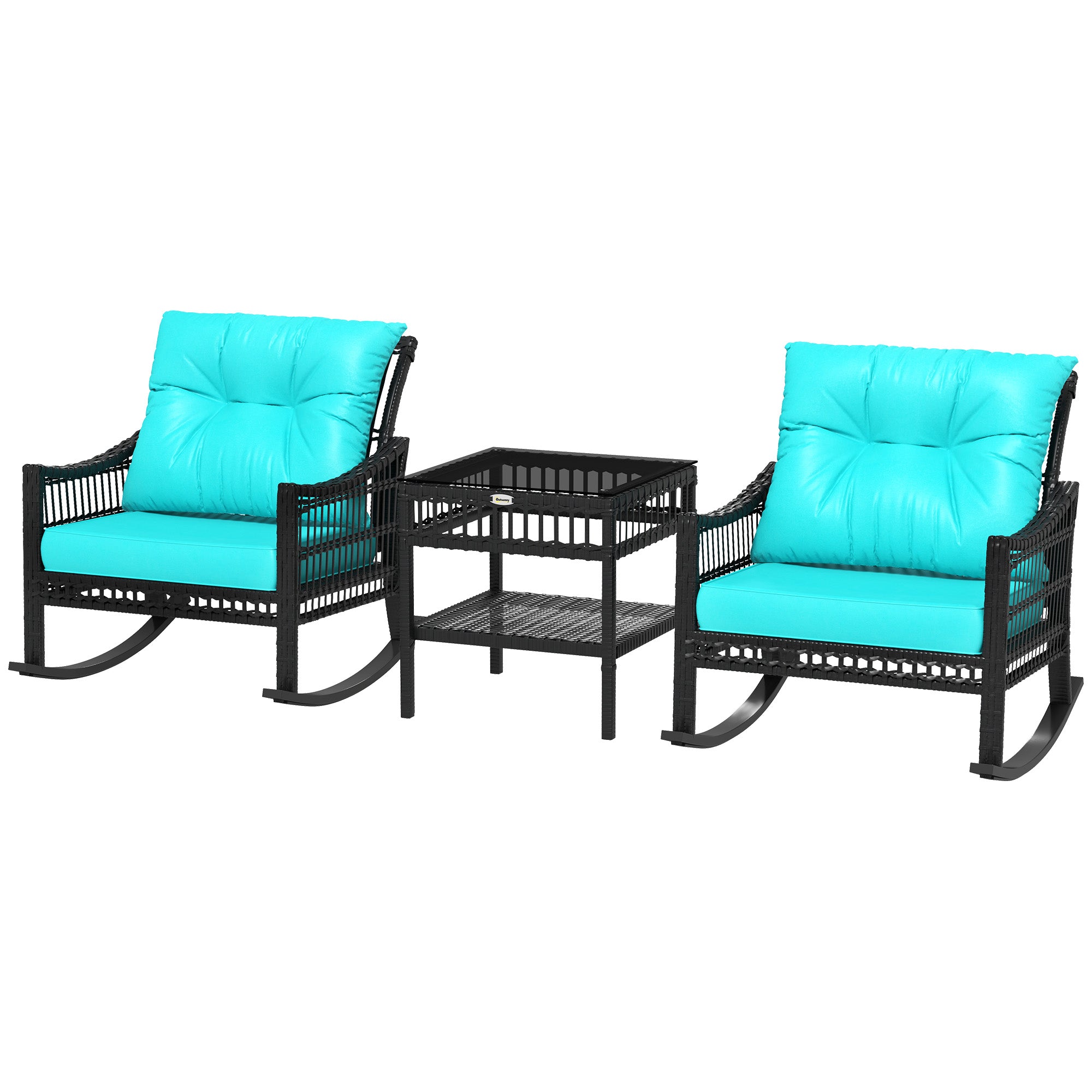 3 Piece Outdoor PE Rattan Rocker Chair Set, Rocking Chair with Tempered Glass Table Top