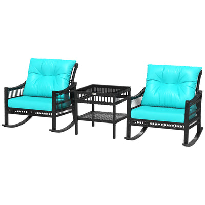 3 Piece Outdoor PE Rattan Rocker Chair Set, Rocking Chair with Tempered Glass Table Top