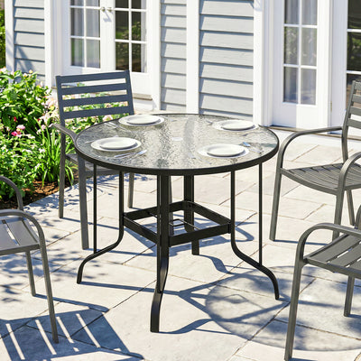 38" Round Patio Table with Umbrella Hole, Tempered Glass Outdoor Dining Table, Black