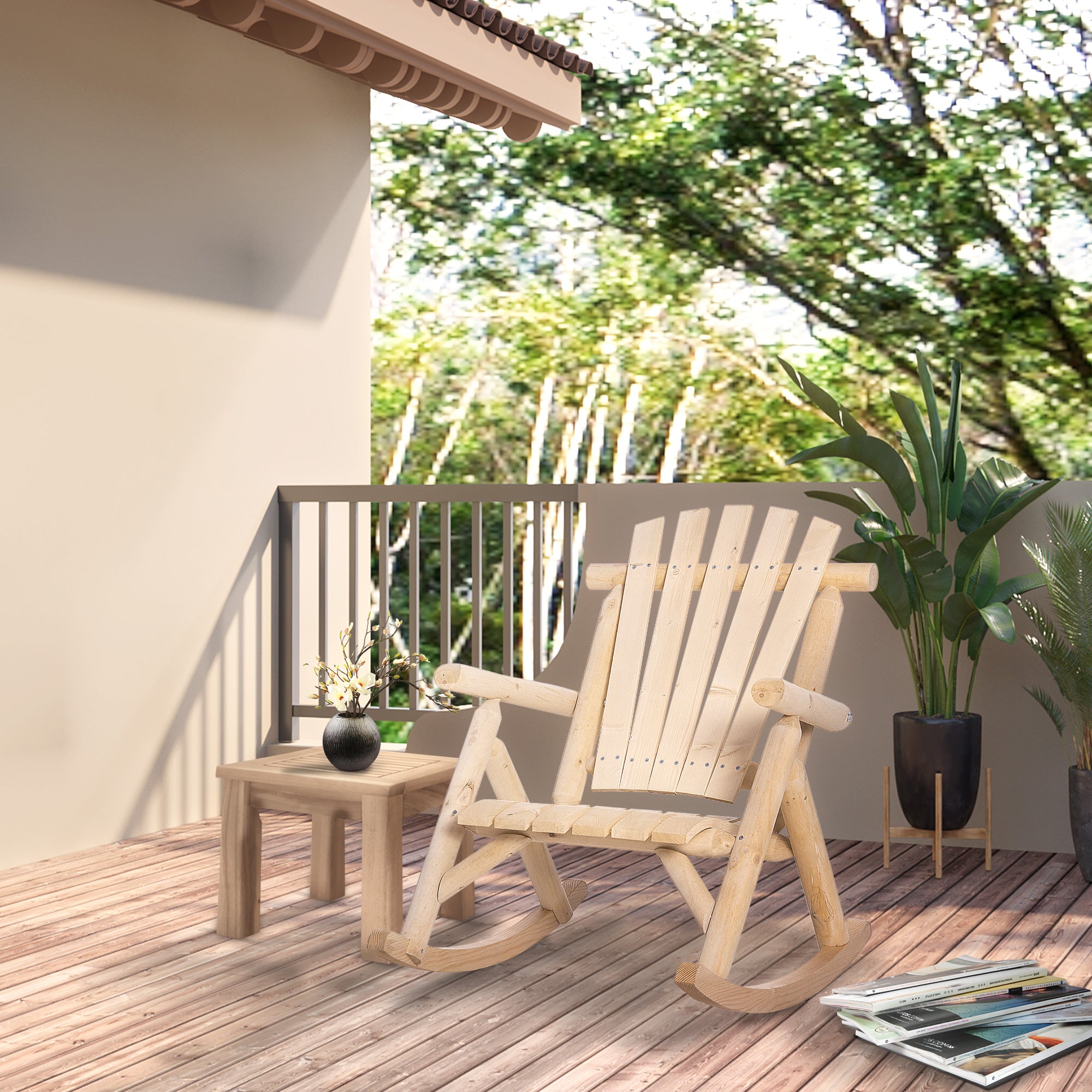 Outdoor Wooden Rocking Chair, Single-Person Rustic Adirondack Rocker with Slatted Seat, High Backrest, Armrests for Patio, Garden and Porch