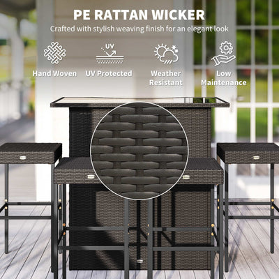 5 Piece Rattan Wicker Bar Set, High Top Outdoor Table and Chairs, Bar Height Patio Set, 2 Shelves & 4 Bar Stools