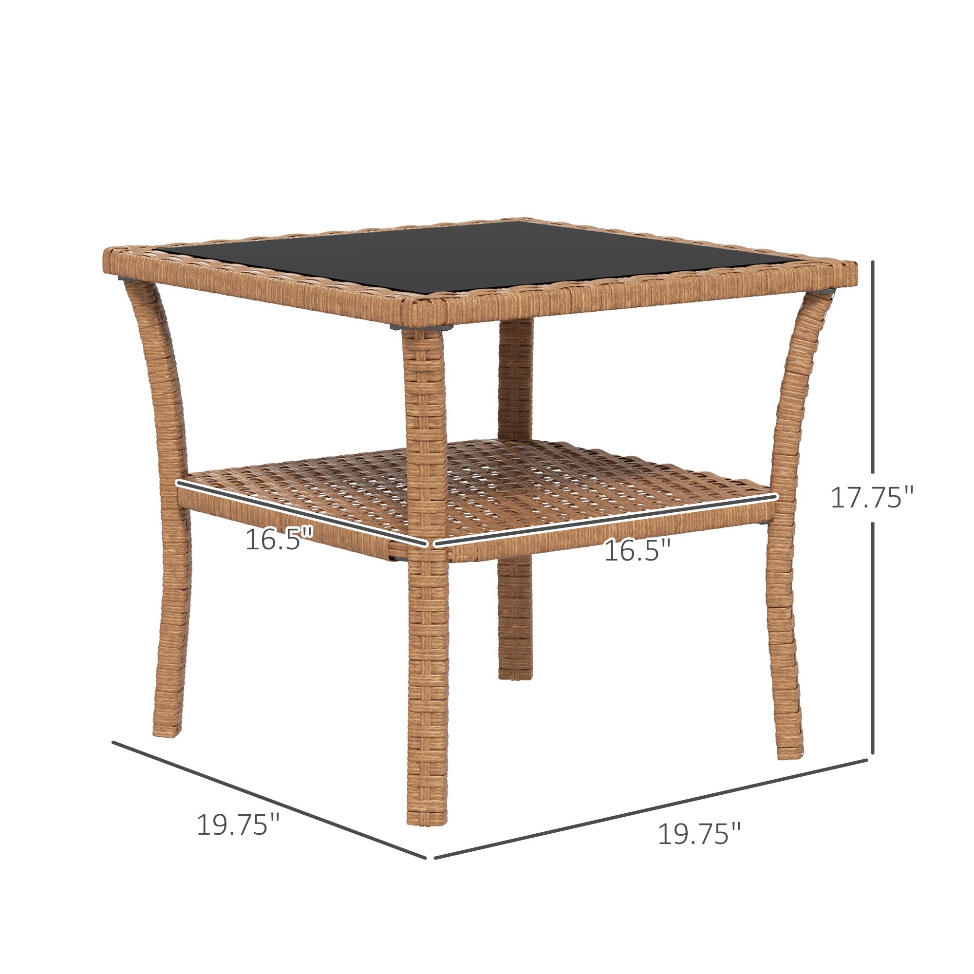 Rattan Side Table, Outdoor End Table with Storage Shelf, Aluminum Frame Square, Coffee Table with Tempered Glass Top