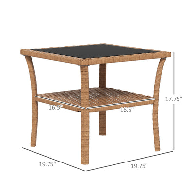 Rattan Side Table, Outdoor End Table with Storage Shelf, Aluminum Frame Square, Coffee Table with Tempered Glass Top