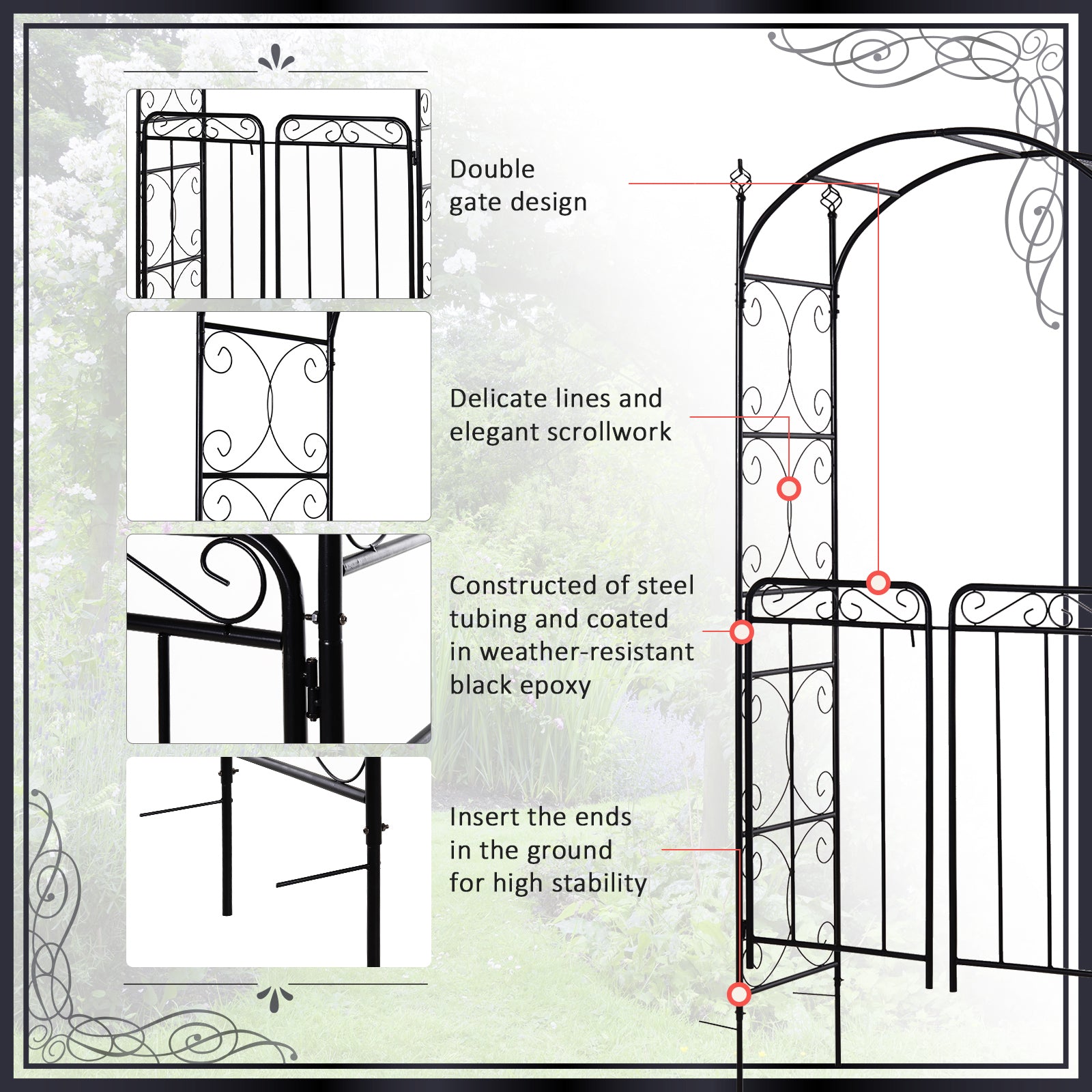 84" Garden Arch Arbor with Gate, Metal Arch Trellis, Garden Archway for Climbing Vines, Wedding Ceremony Decoration, Flourishes & Arrow Tips, Black
