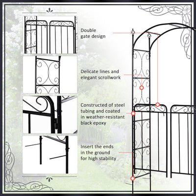 84" Garden Arch Arbor with Gate, Metal Arch Trellis, Garden Archway for Climbing Vines, Wedding Ceremony Decoration, Flourishes & Arrow Tips, Black
